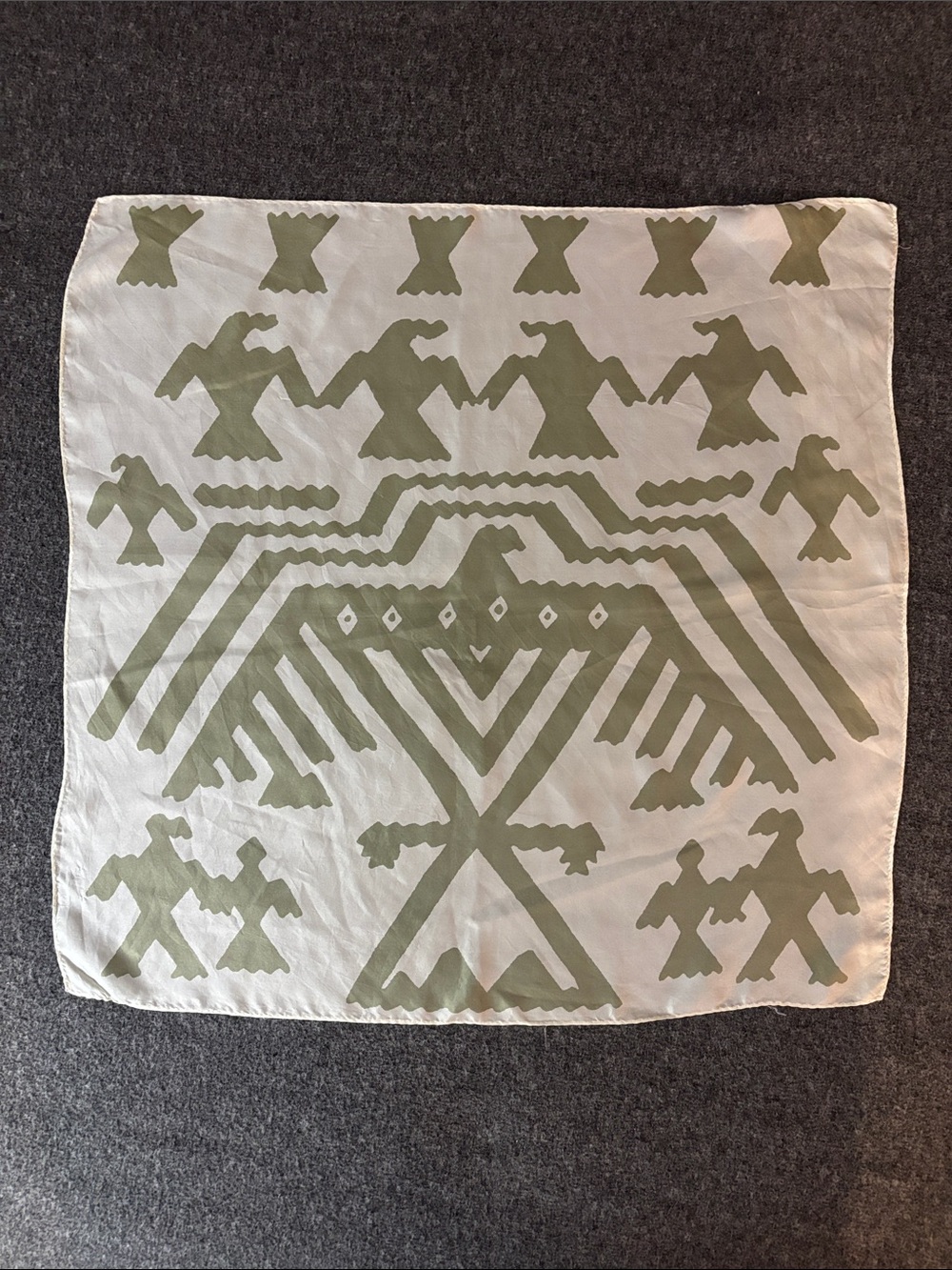 Thunderbird Motif Square Vintage Scarf in Olive and White by Glentex Japan